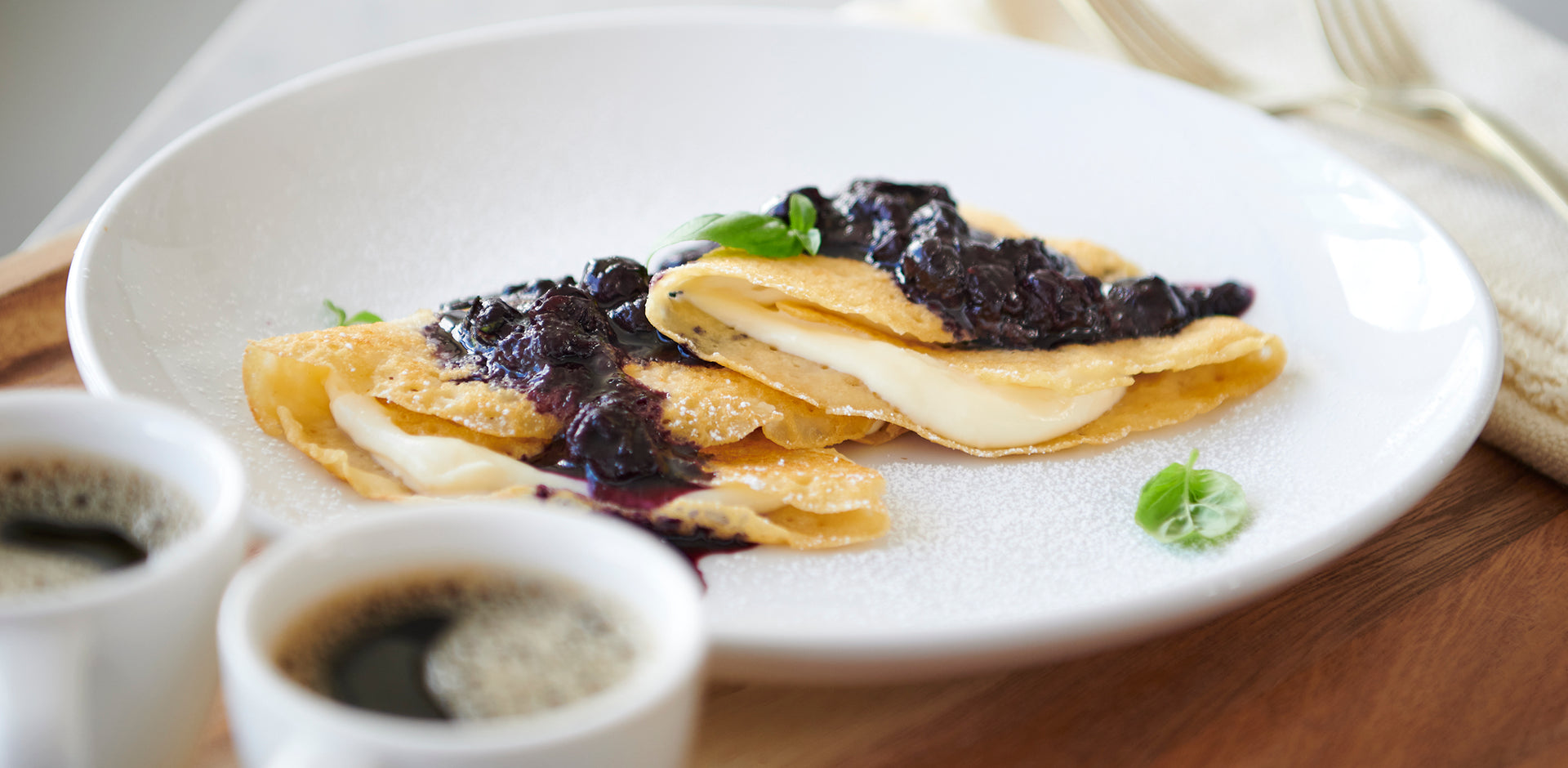 Chickpea Crepes with Lemon Filling and Warm BlueberryBasil Compote