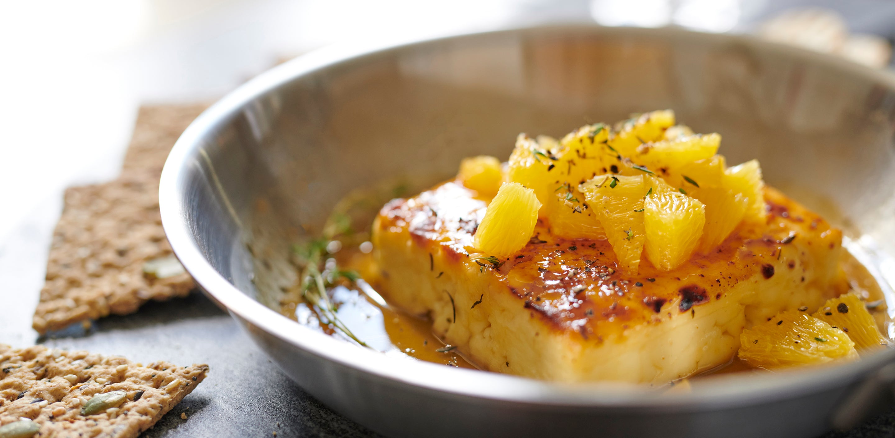 Roasted Feta with Thyme, Honey, and Oranges