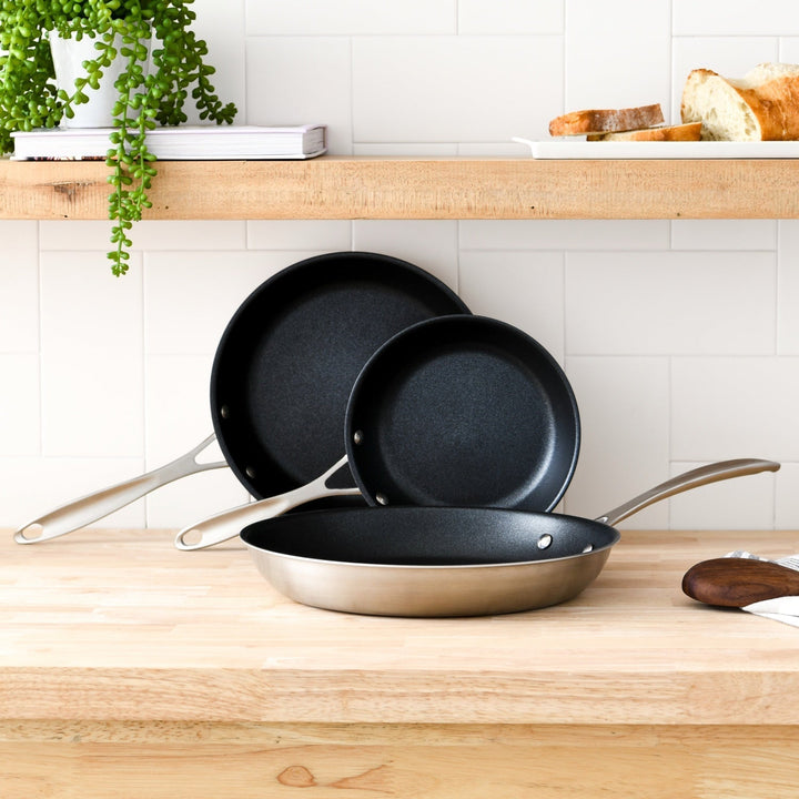 Nonstick Skillets on a table - 8, 10, and 12 inch#option_8-inch